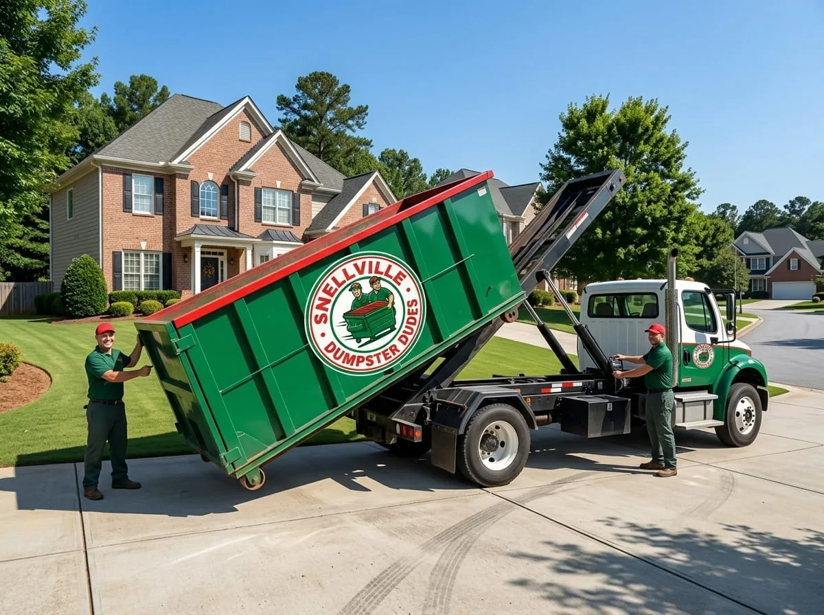 Locally owned dumpster rental company in Snellville GA Snellville Dumpster Dudes container on a Gwinnett County driveway